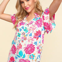 Haptics Notch Neck Sequin Floral Blouse