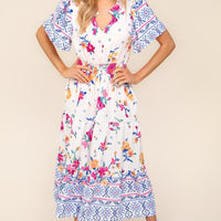 Haptics Printed Notched Short Sleeve Tiered Dress