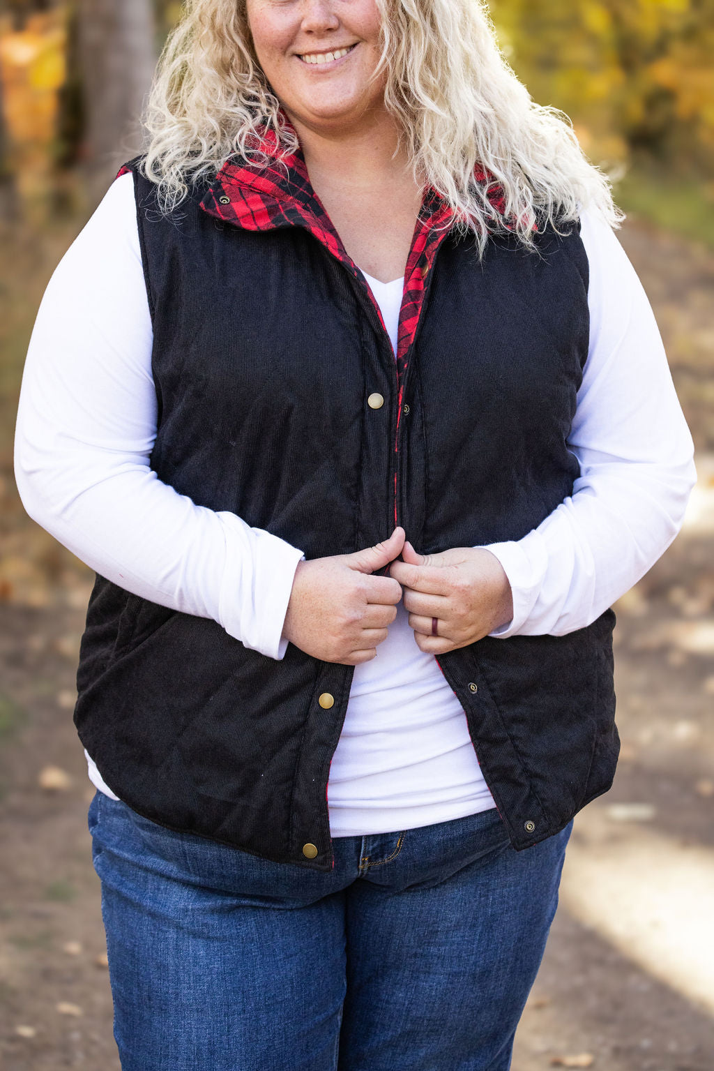 IN STOCK Reversible Vest - Corded Black and Plaid