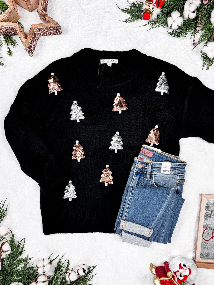 IN STOCK Holly Jolly Sweater - Gold + Silver Trees