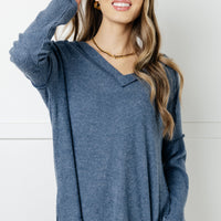 Basically Freezing Brushed Hacci Top in Dusty Blue