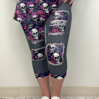 Black Denim Pink Purple Floral & Skulls Capri w/ Back Pockets