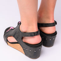 Carley Wedge Sandals in Black Metallic