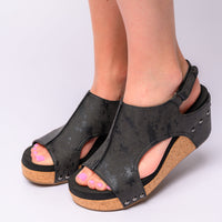 Carley Wedge Sandals in Black Metallic