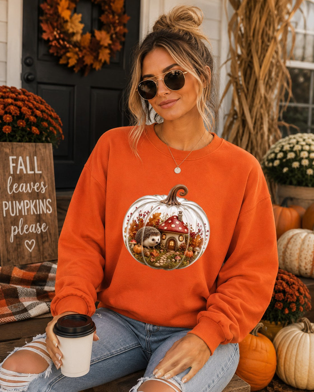 Cozy Pumpkin White Hedgehog Sweatshirt