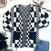 IN STOCK Long Checkered Pocket Cardigan - Black and White