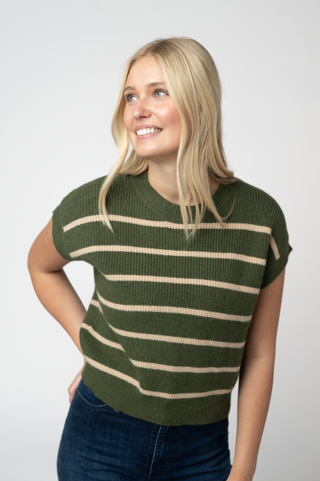 IN STOCK Striped Sweater Top - Olive and Tan