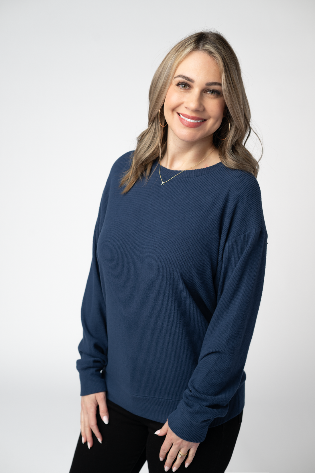 IN STOCK Corrine Ribbed Pullover Top - Navy