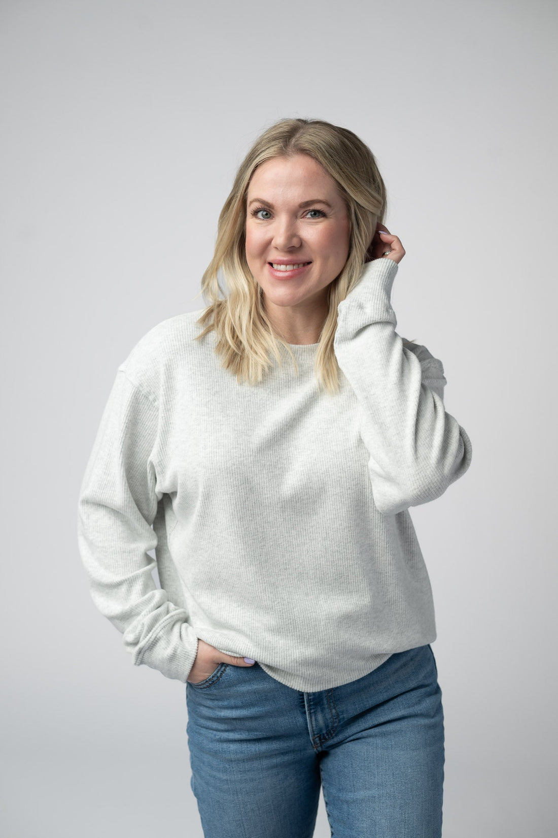 IN STOCK Corrine Ribbed Pullover Top - Light Grey
