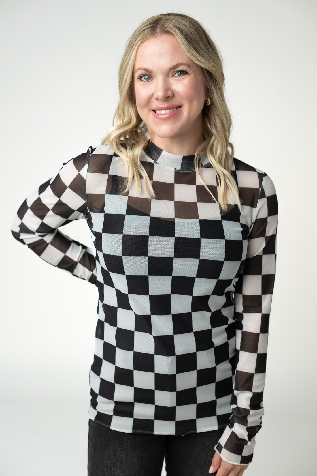 IN STOCK Blair Mesh Long Sleeve Top - Black and White Checkers