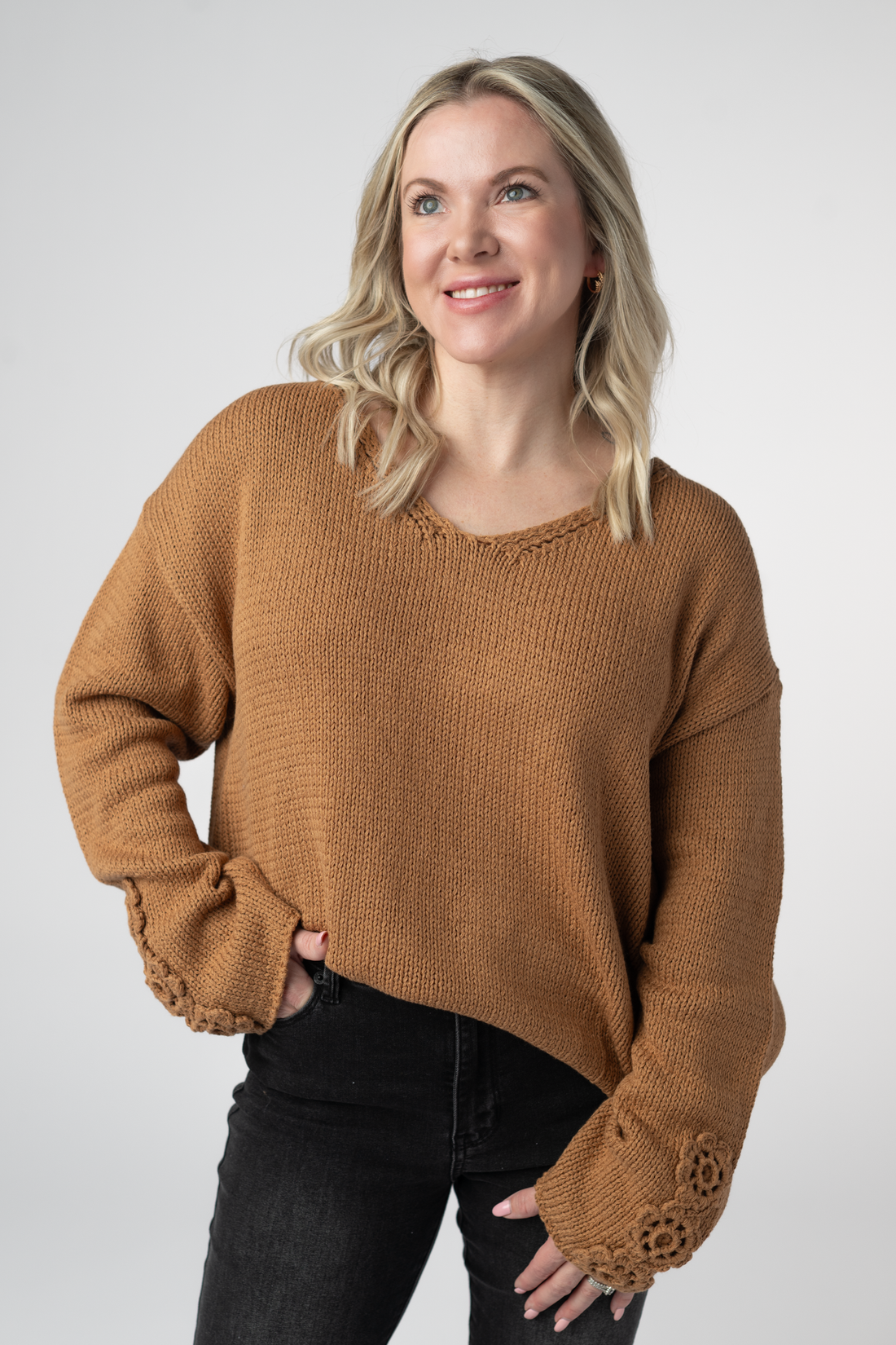 IN STOCK Crochet Sleeve Top - Camel
