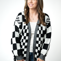IN STOCK Long Checkered Pocket Cardigan - Black and White
