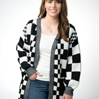 IN STOCK Long Checkered Pocket Cardigan - Black and White