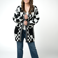IN STOCK Long Checkered Pocket Cardigan - Black and White