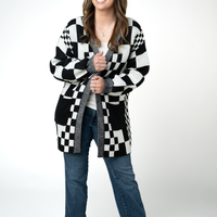 IN STOCK Long Checkered Pocket Cardigan - Black and White