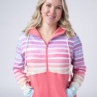 IN STOCK Classic Halfzip Hoodie - Rainbow Stripes and Sun Kissed Coral