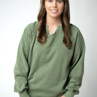IN STOCK Lace Accent Vintage Wash Pullover - Olive