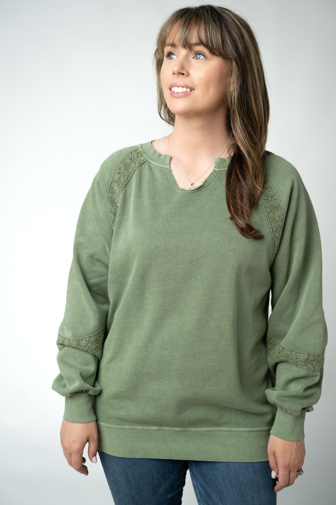IN STOCK Lace Accent Vintage Wash Pullover - Olive