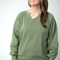 IN STOCK Lace Accent Vintage Wash Pullover - Olive