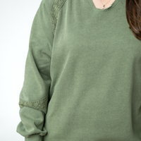 IN STOCK Lace Accent Vintage Wash Pullover - Olive