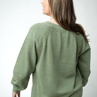 IN STOCK Lace Accent Vintage Wash Pullover - Olive