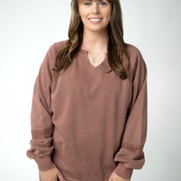 IN STOCK Lace Accent Vintage Wash Pullover - Brown