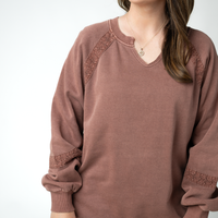 IN STOCK Lace Accent Vintage Wash Pullover - Brown