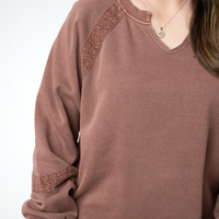 IN STOCK Lace Accent Vintage Wash Pullover - Brown