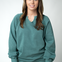 IN STOCK Lace Accent Vintage Wash Pullover - Teal