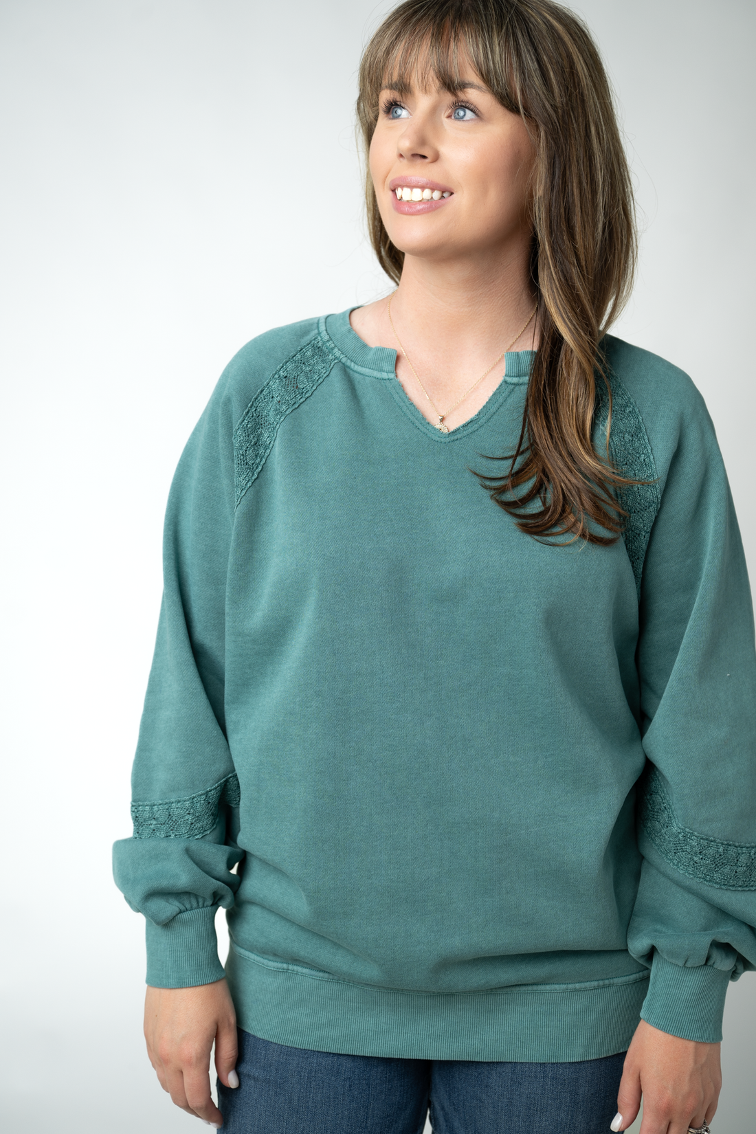 IN STOCK Lace Accent Vintage Wash Pullover - Teal