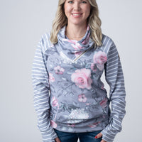 IN STOCK Classic Zoey ZipCowl Sweatshirt - Grey Floral and Stripes
