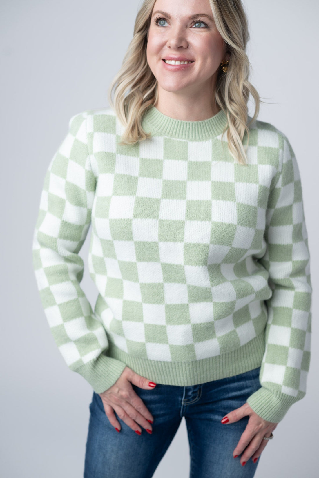 IN STOCK Checkered Sweater - Sage and White