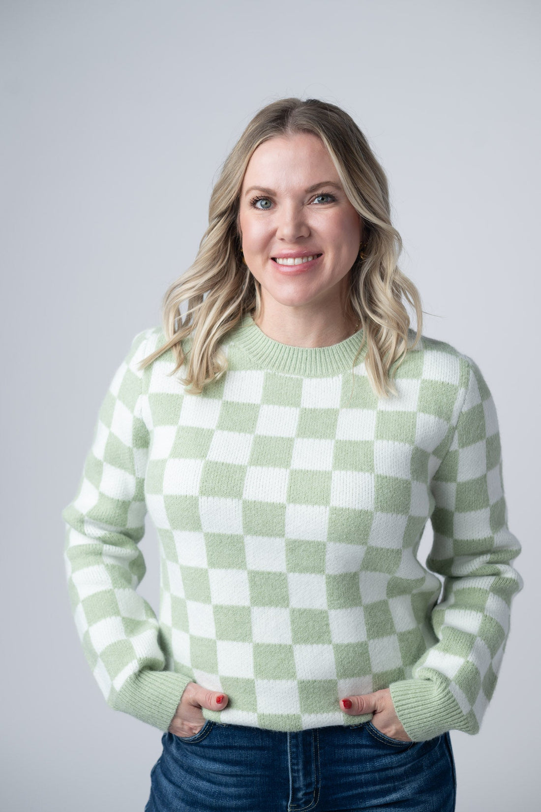 IN STOCK Checkered Sweater - Sage and White
