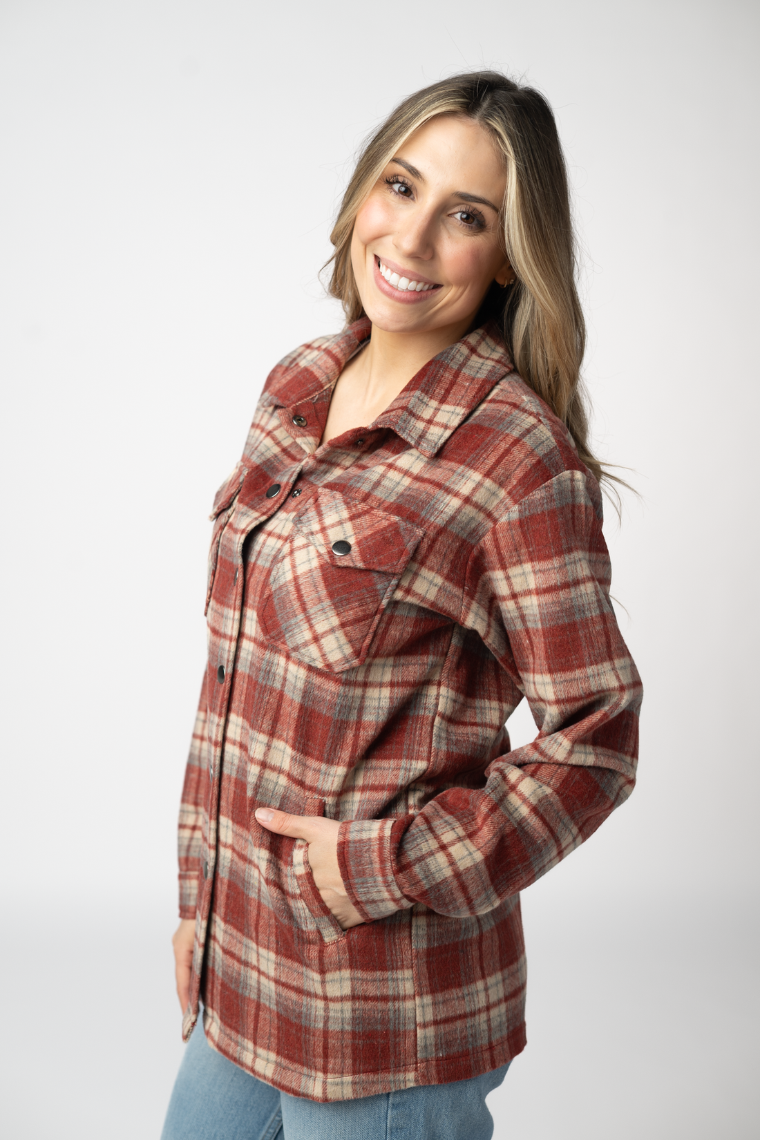 IN STOCK Norah Shacket - Brick Plaid