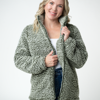 IN STOCK Two Tone Fullzip Sherpa - Olive and White