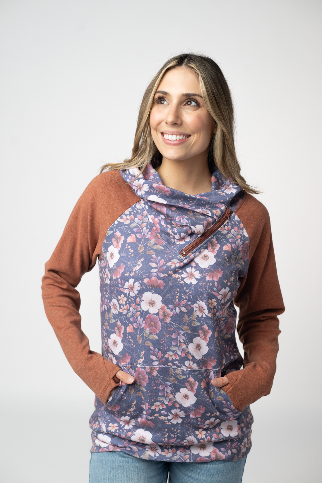IN STOCK Classic Zoey ZipCowl Sweatshirt - Blushwood Floral and Terra Cotta