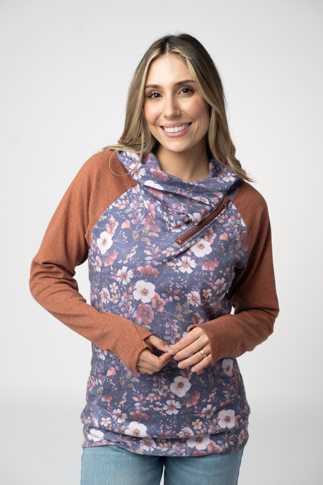 IN STOCK Classic Zoey ZipCowl Sweatshirt - Blushwood Floral and Terra Cotta