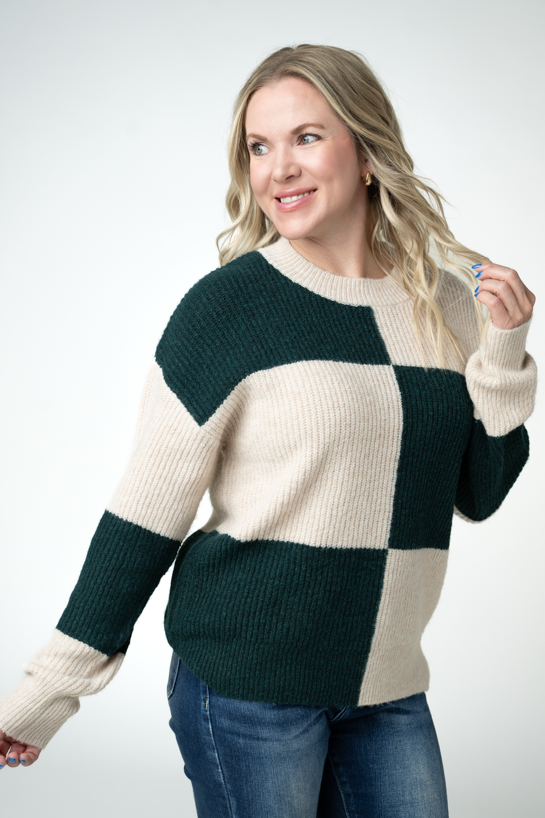 IN STOCK Checkered Block Sweater - Cream and Evergreen