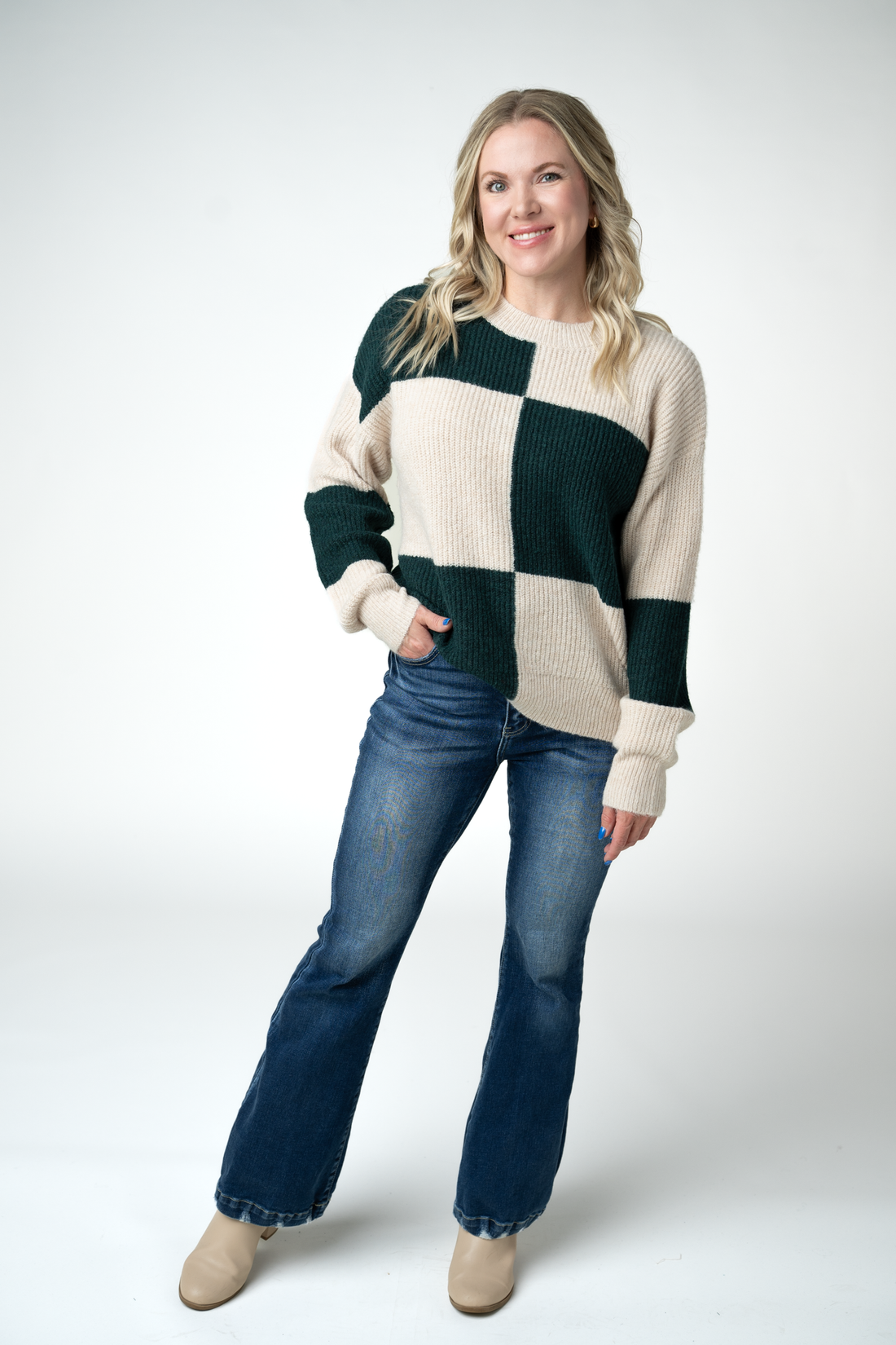 IN STOCK Checkered Block Sweater - Cream and Evergreen