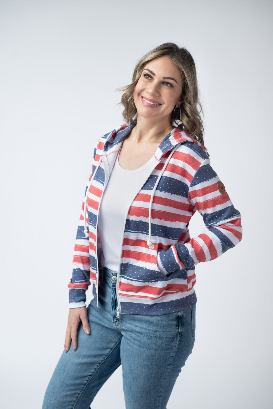 IN STOCK Fullzip Hoodie - Striped Red, White, and Micro Blue Stars
