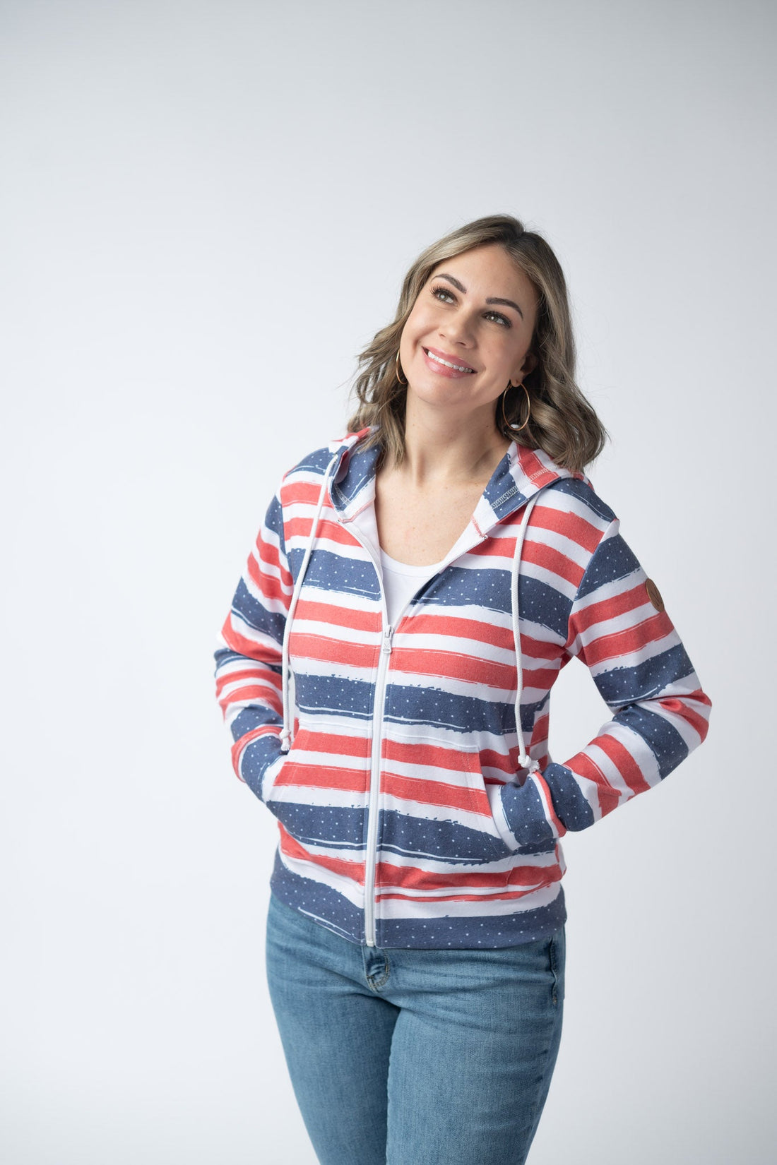IN STOCK Fullzip Hoodie - Striped Red, White, and Micro Blue Stars