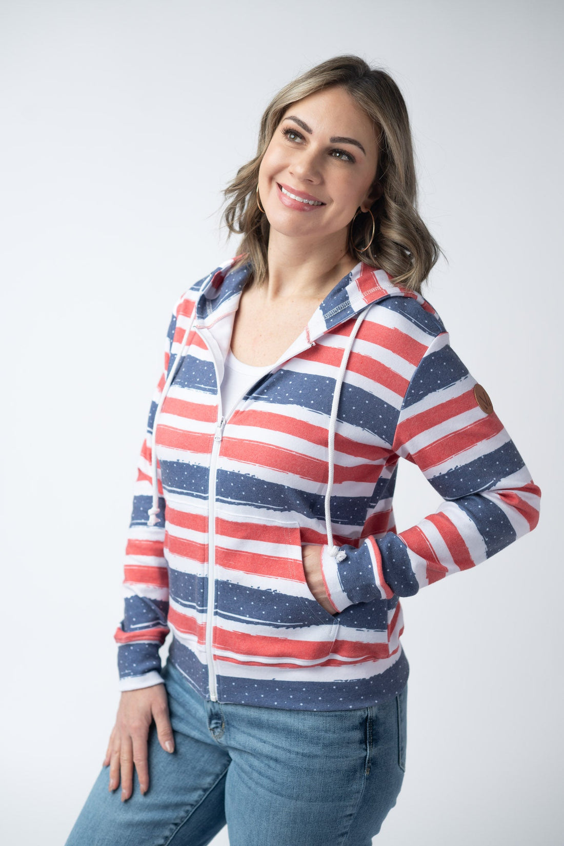 IN STOCK Fullzip Hoodie - Striped Red, White, and Micro Blue Stars