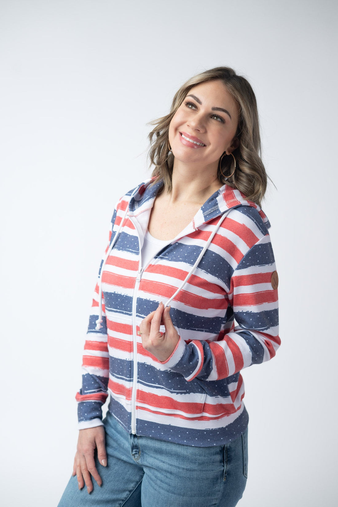 IN STOCK Fullzip Hoodie - Striped Red, White, and Micro Blue Stars