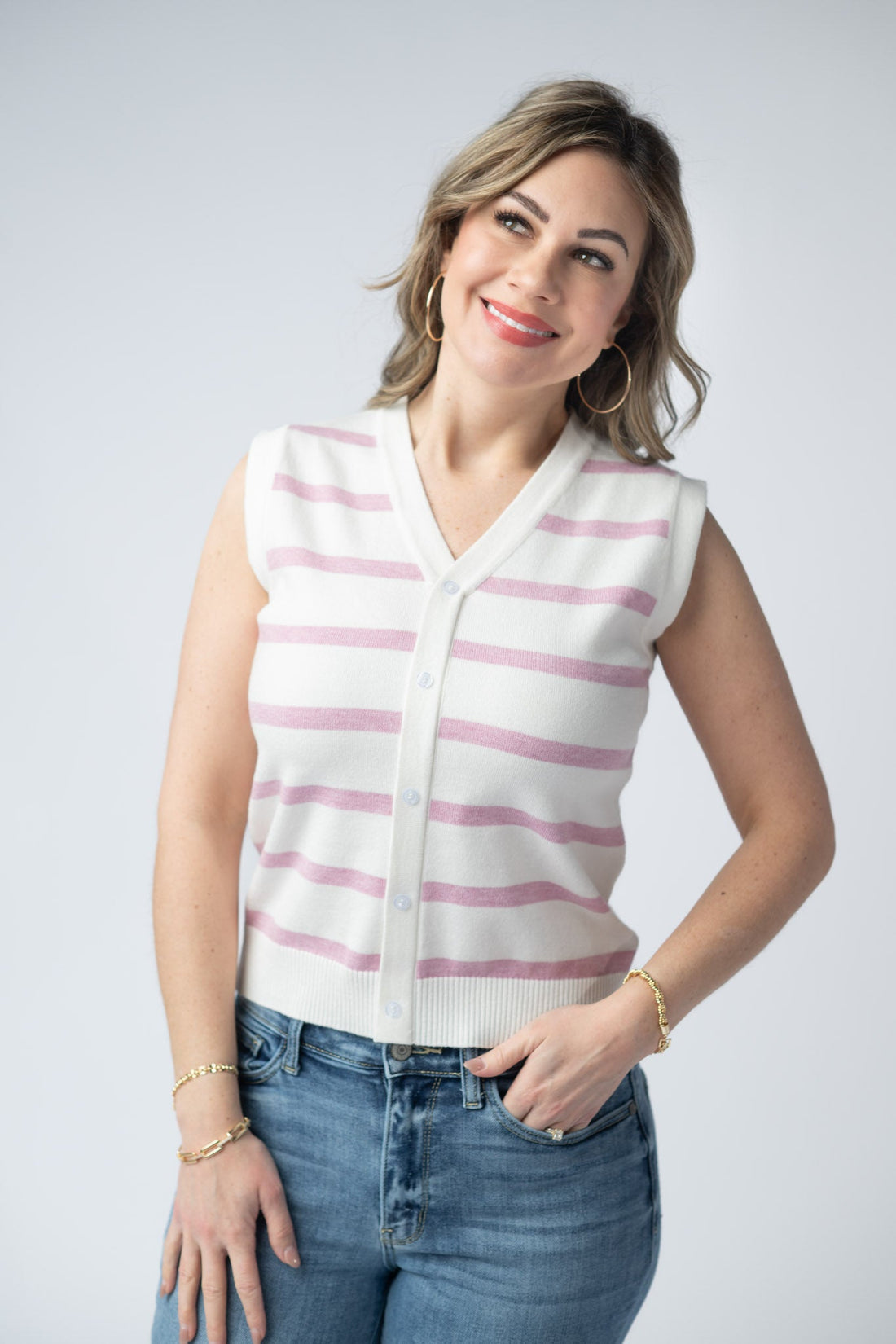 IN STOCK Lucy Striped Button Tank - Pink