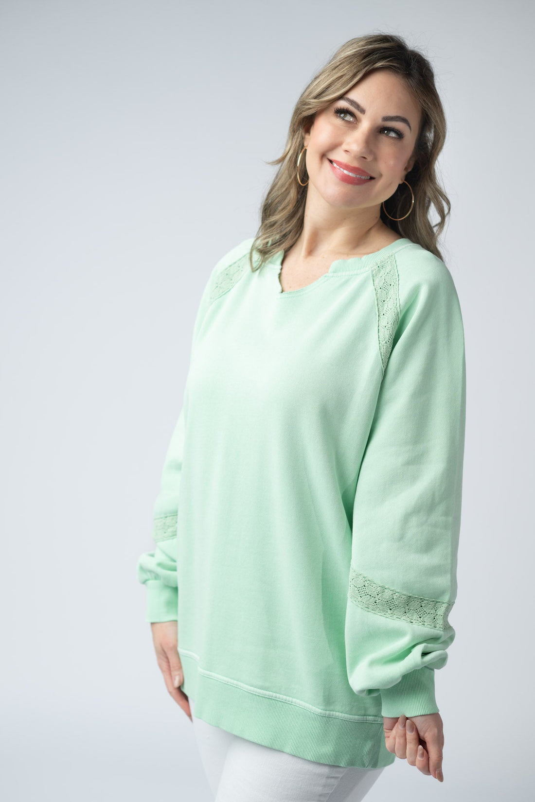 IN STOCK Lace Accent Vintage Wash Pullover - Mint