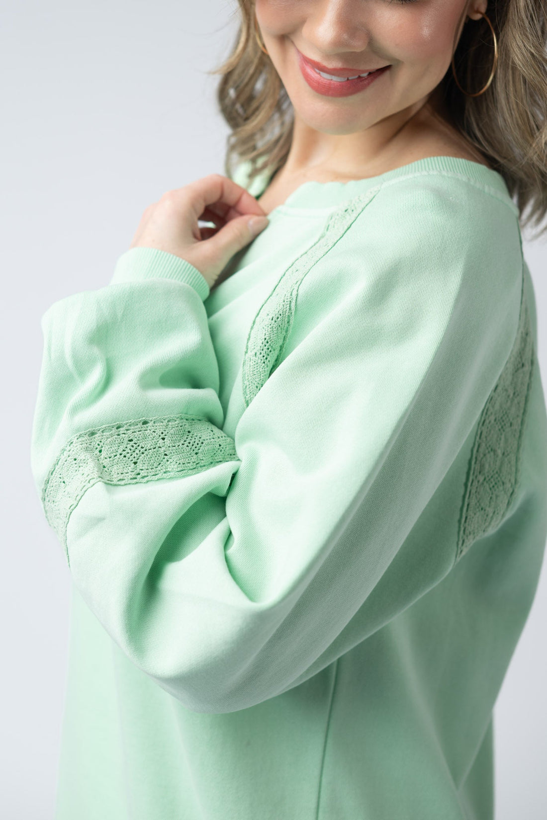 IN STOCK Lace Accent Vintage Wash Pullover - Mint