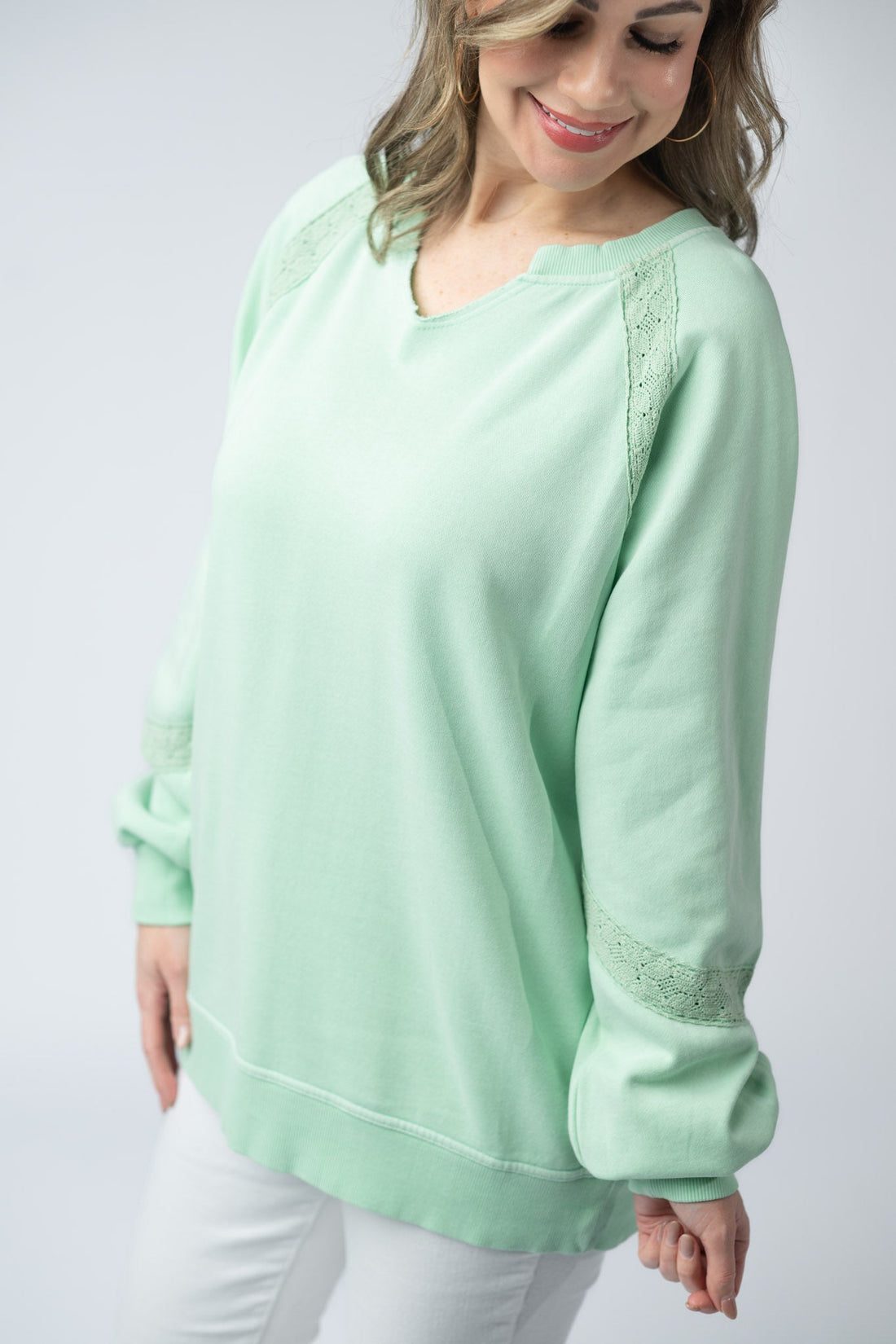 IN STOCK Lace Accent Vintage Wash Pullover - Mint