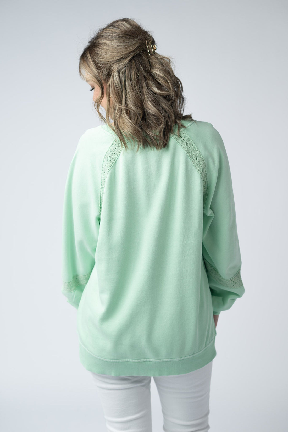 IN STOCK Lace Accent Vintage Wash Pullover - Mint