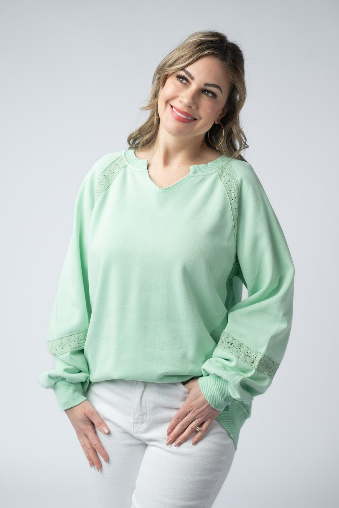 IN STOCK Lace Accent Vintage Wash Pullover - Mint