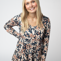 IN STOCK Long Sleeve Sarah Ruffle Top - Navy Autumn Petals